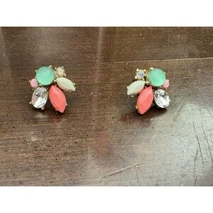 J. Crew Multi color Crystal Cluster Stud Earrings White Pink Green Clear Leaf